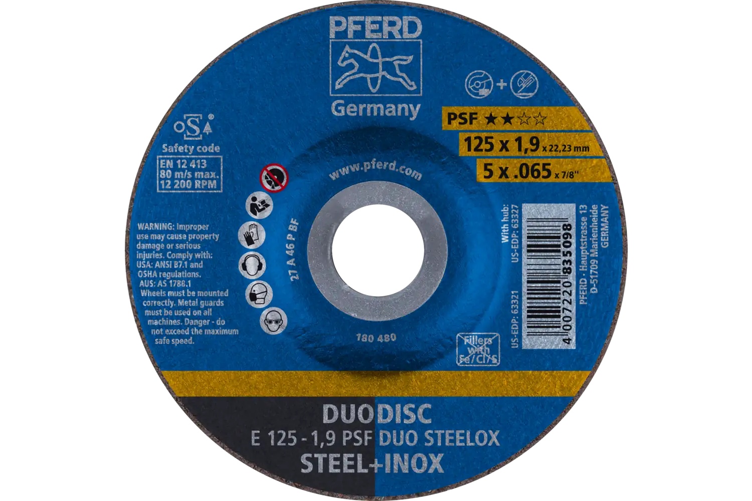 Picture of Pferd Combination Wheel, 5" X .065 X 7/8, Psf Duodisc Steelox, T27, Aluminum Oxide